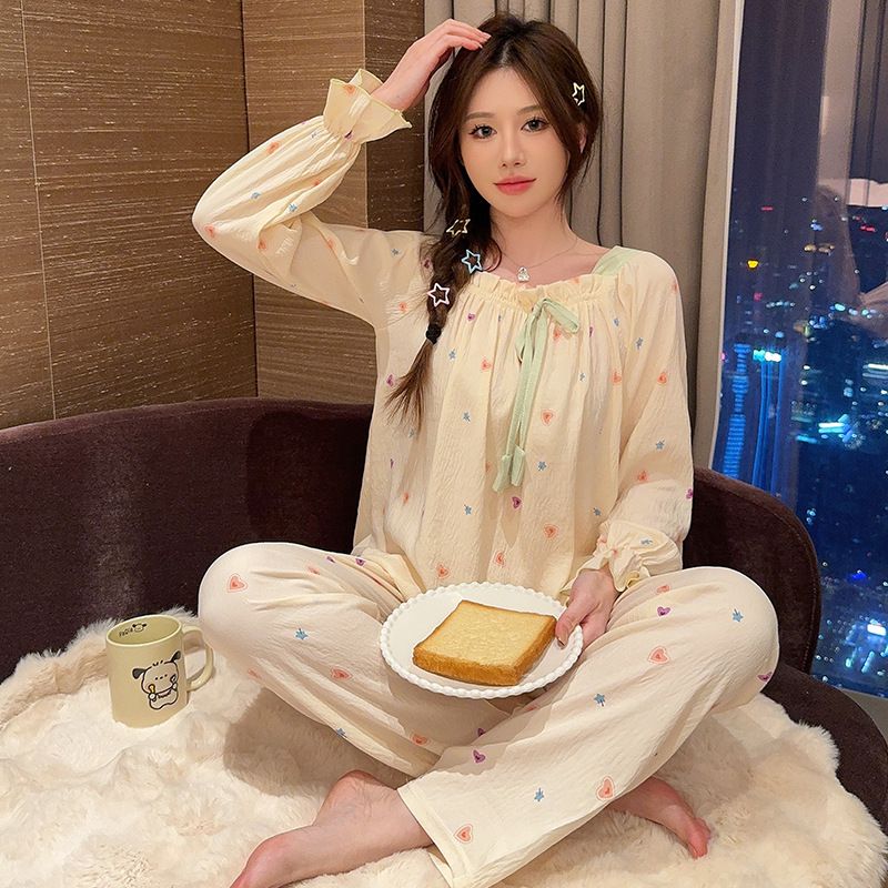 Coole Nachtwäsche aus Baumwolle für Damen im Frühjahr und Herbst 2024, süße Ärmel-Langhose im Prinzessinnen-Stil, zweiteiliges_voghion.com