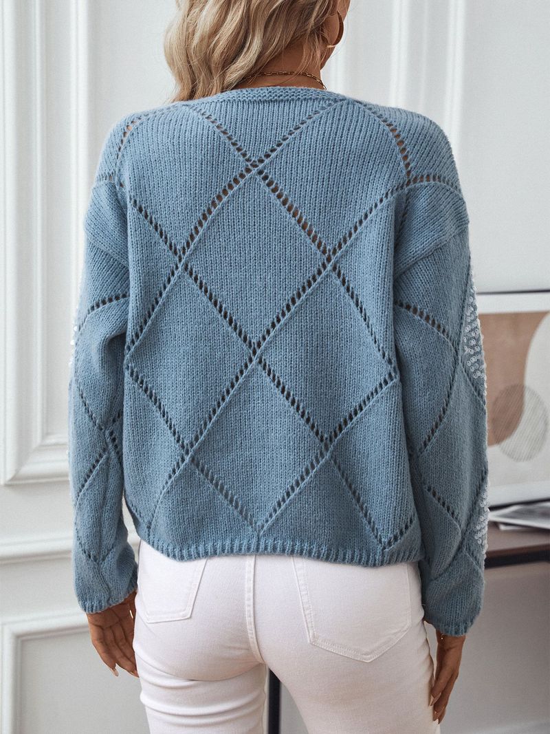 Maglione lavorato a maglia con paillettes cave alla moda Fuzzy Rain da donna, nuovo maglione ampio con motivo a rombi per autunno e inverno_voghion.com