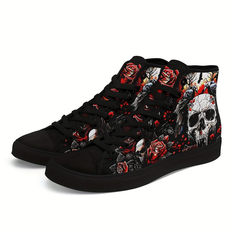 Dark Crow pour femme - Baskets montantes légères à semelle souple avec motif rose rouge et résistantes, style squelette décontracté_voghion.com