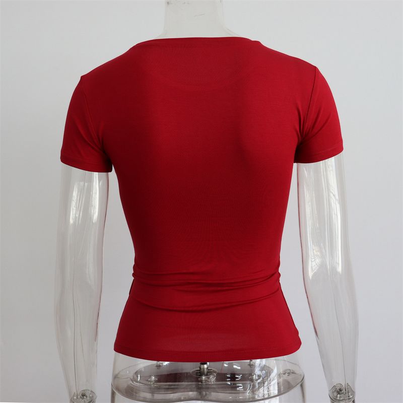 T-shirt da donna a maniche corte con scollo rotondo, modello primavera/estate 2025, aderente e sexy, semplice e versatile, tinta unita._voghion.com
