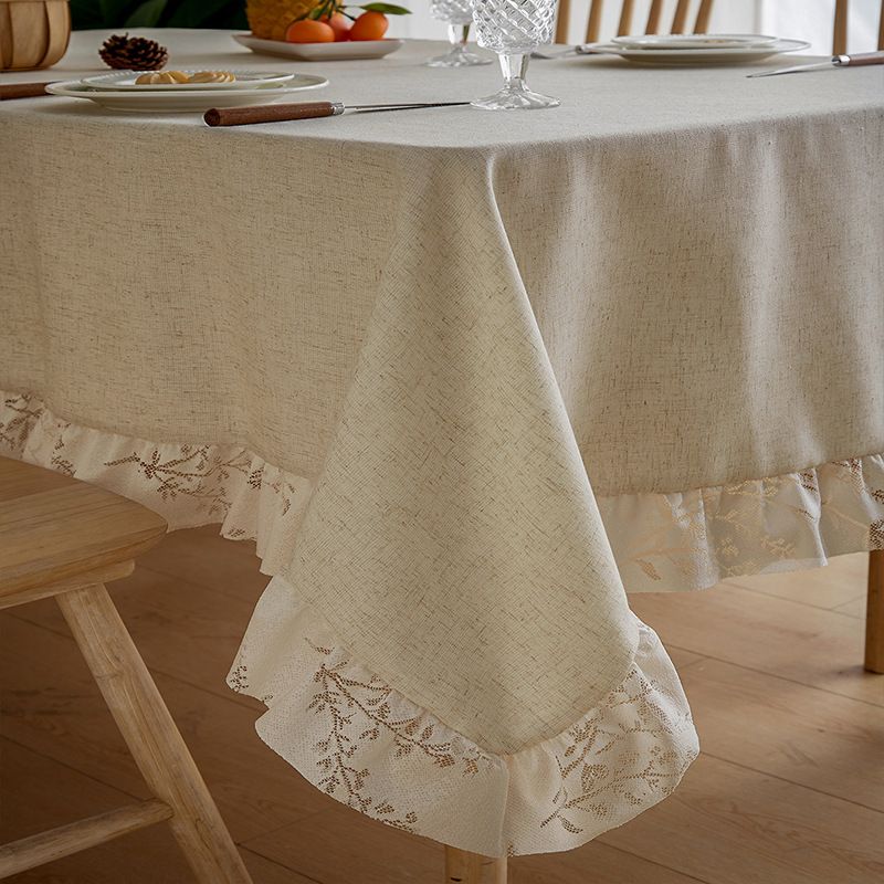 Tovaglia rettangolare in lino tinta unita con volant, di alta qualità, color cachi, con etichetta a nappa_voghion.com