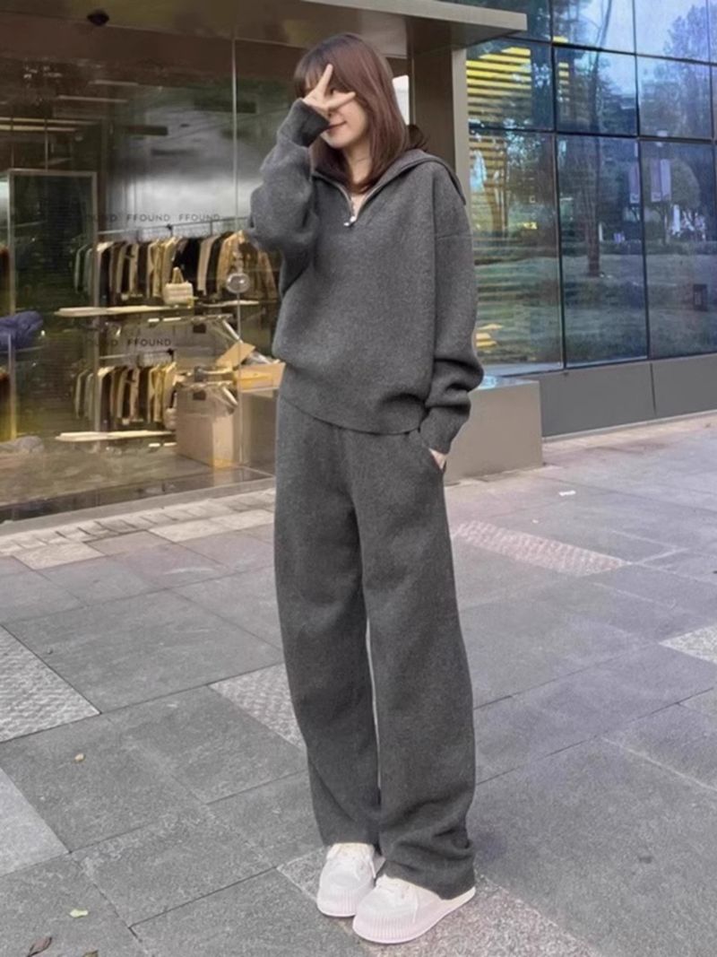 Ensemble de sport décontracté européen pour femmes en automne et en hiver, nouvelle version coréenne, design ample, pull épais_voghion.com