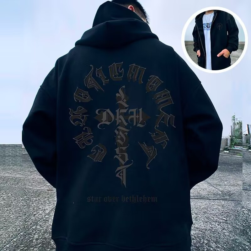 Winter American style loose fitting fat plus size hooded plush zippered cardigan 300 kg men's hoodie jacket_voghion.com