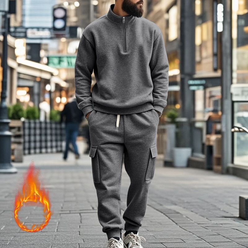 Fleecegefüttertes Sweatshirt-Set mit Viertelreißverschluss für Herren – Slim Fit Thermo-Jogging-Outfit für Herbst und Winter_voghion.com