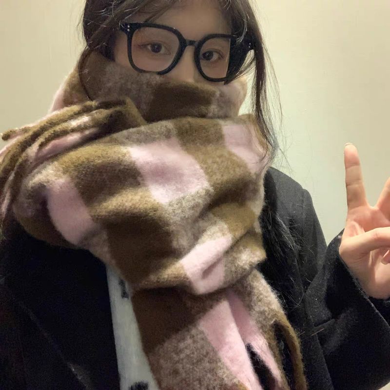 Thousand Bird Grid Scarf for Women, Autumn and New St, Student Versatile, Thickened Warm Scarf, Tassel, Winter Ins_voghion.com