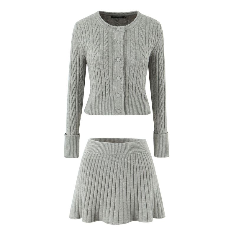 Autumn Knit Set - Slim Fit Single-Breasted Cable Cardigan + High-Waisted Pleated A-Line Skirt (S/M, 2 Color Combos)_voghion.com
