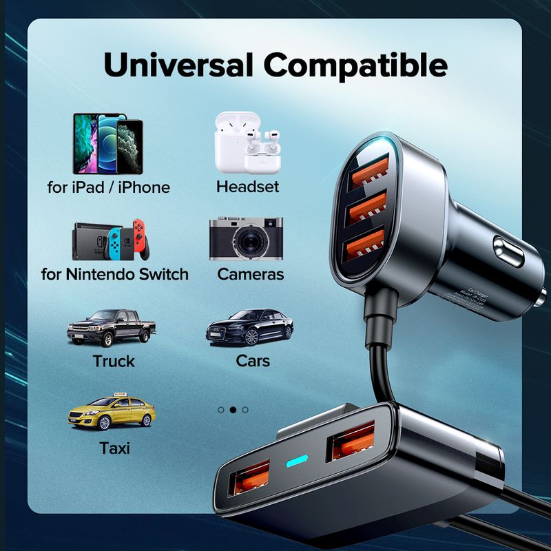 5-pordiline mitme laadijaga USB-autolaadija adapter, kiirlaadija 1,5 m pikenduskaabliga, kiire autolaadija iPhone'ile ja Samsungile_voghion.com