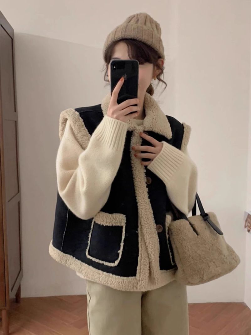 2024 nouvelle veste courte décontractée en fourrure noire une pièce avec daim, poils d'agneau, gilet pour femme_voghion.com