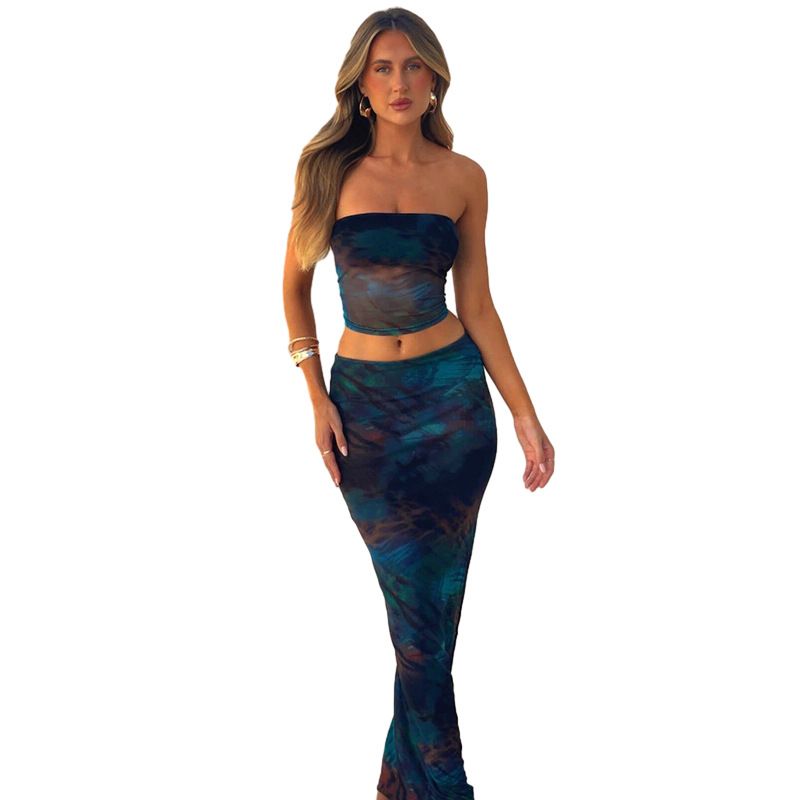 D9742 Women's Fashion Sexy Slim Fit Strapless Printed Tank Top Bodycon Skirt Two-Piece Set_voghion.com
