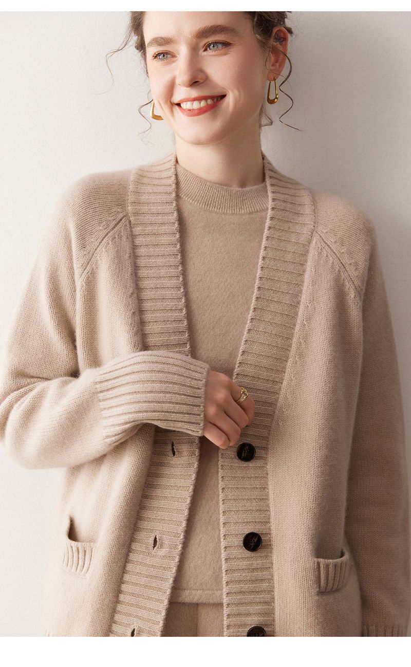 Strickjacke für Damen, 100 % reines Kaschmir, mittellang, dreilagig, dick, locker, Übergröße, vielseitiger Strickmantel_voghion.com