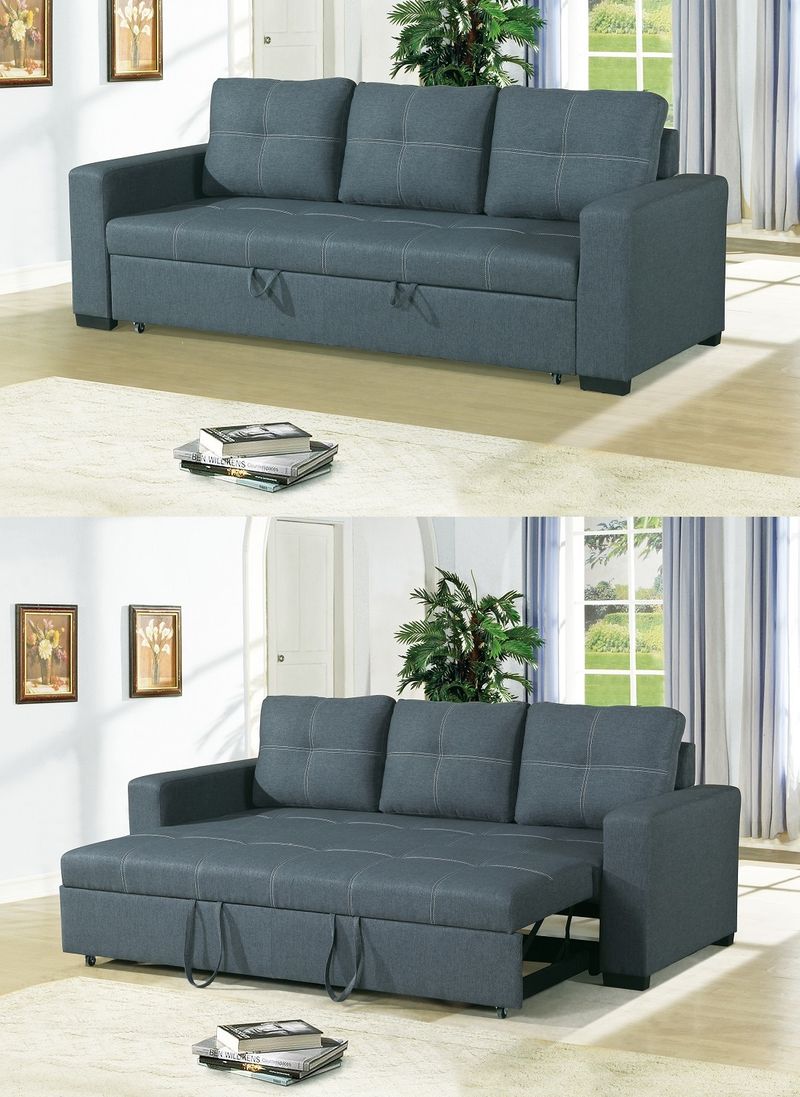 Sofa W Pull Out Bed Convertible Sofa In Blue Grey Polyfiber HS00-F6532_voghion.com