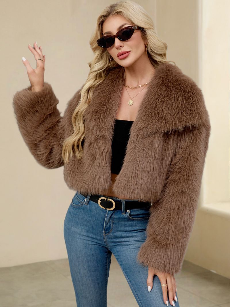 Giacca da donna con collo in pelliccia sintetica – Cappotto corto in peluche con revers alto | Lussuosa e calda (S-XXXL)_voghion.com