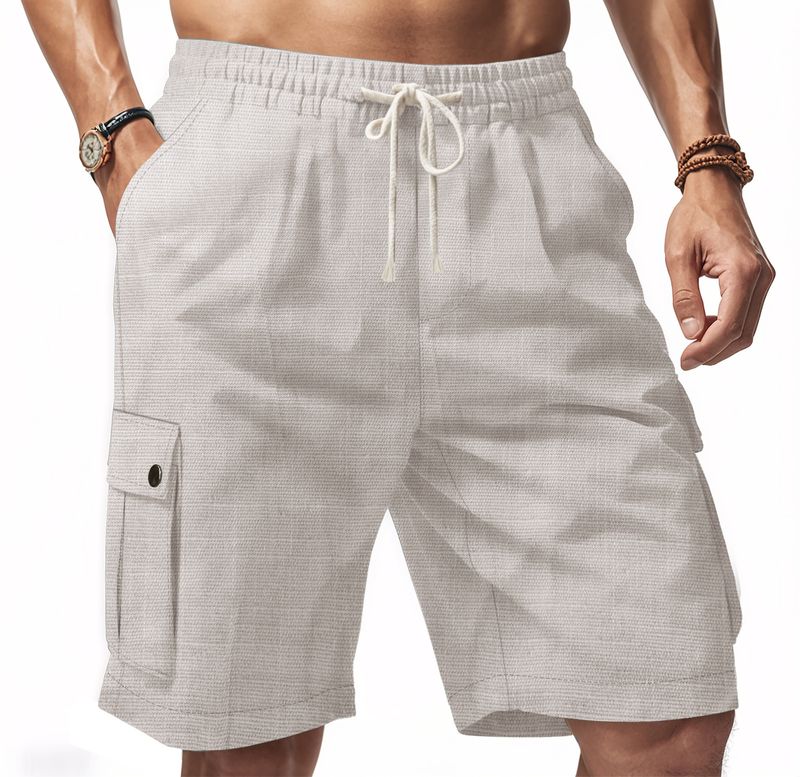 Pantalones cortos casuales de playa de lino con nudo de bambú para hombre de American Amikaji Outdoor Tactical Workwear de verano_voghion.com