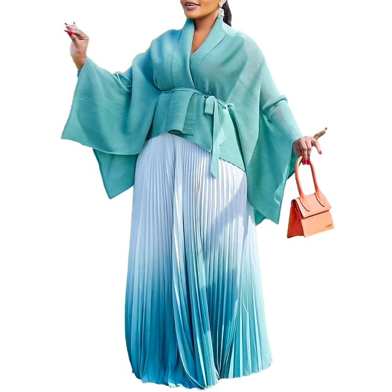 Vêtements pour femmes grande taille mode élégant haut à manches chauve-souris jupe de couleur dégradée ensemble deux pièces_voghion.com