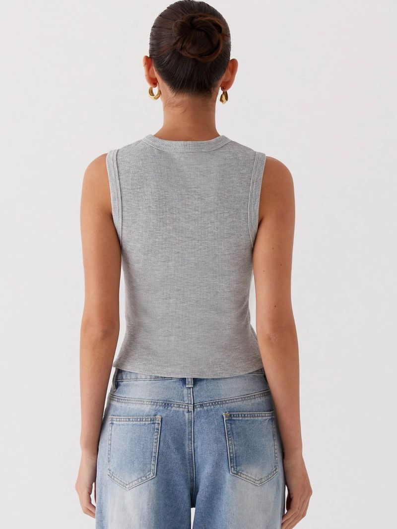 Damenbekleidung Sommer Y2K Slim Hot Girl Ärmellose Weste mit Rundhalsausschnitt und gerippten Knöpfen_voghion.com