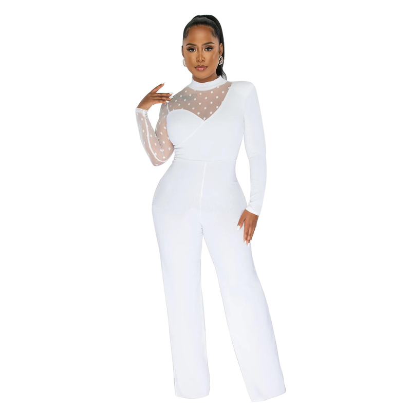 Women's Clothing fashion women's polka dot mesh see-through long-sleeved trousers solid color jumpsuit_voghion.com