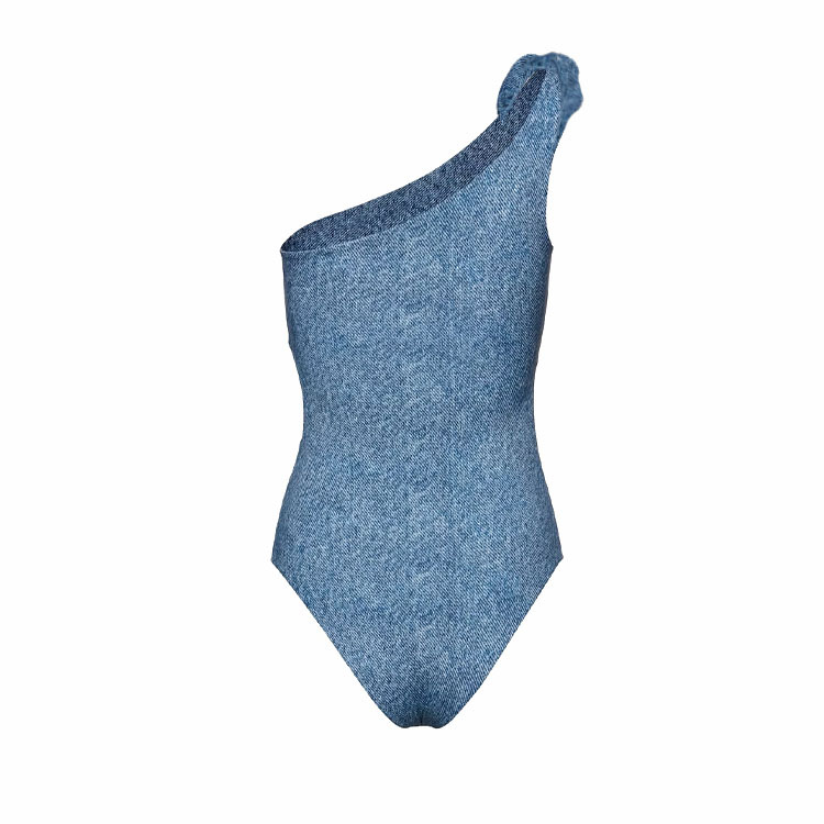 Einteiliger Damen-Badeanzug, One-Shoulder-3D-Blumendekoration, hohler Denim-Druck-Badeanzug für Damen_voghion.com