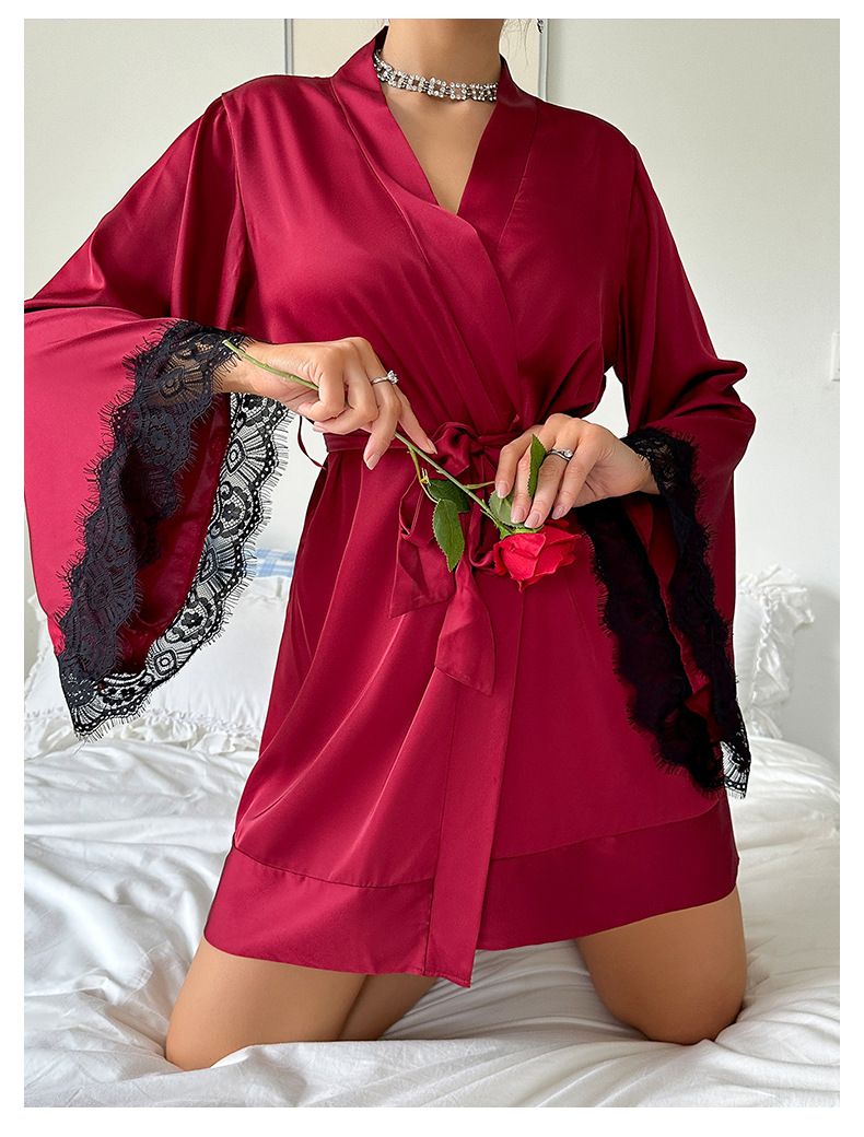 Europäische und amerikanische Cross Border Sexy Nachthemd Medium Bademantel Sexy Pyjamas Damen Langarm Damen Satin Home Kleidung Großhandel 735_voghion.com