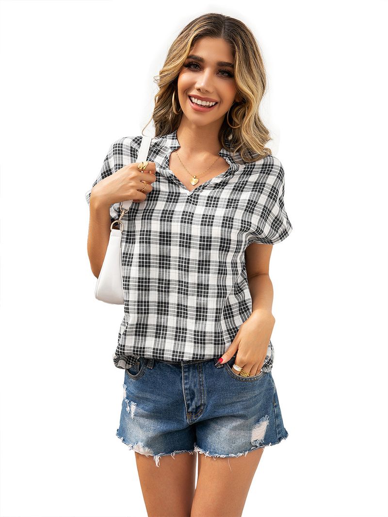 Casual geruit overhemd met V-hals en korte mouwen Smoking geruit overhemd top dames_voghion.com