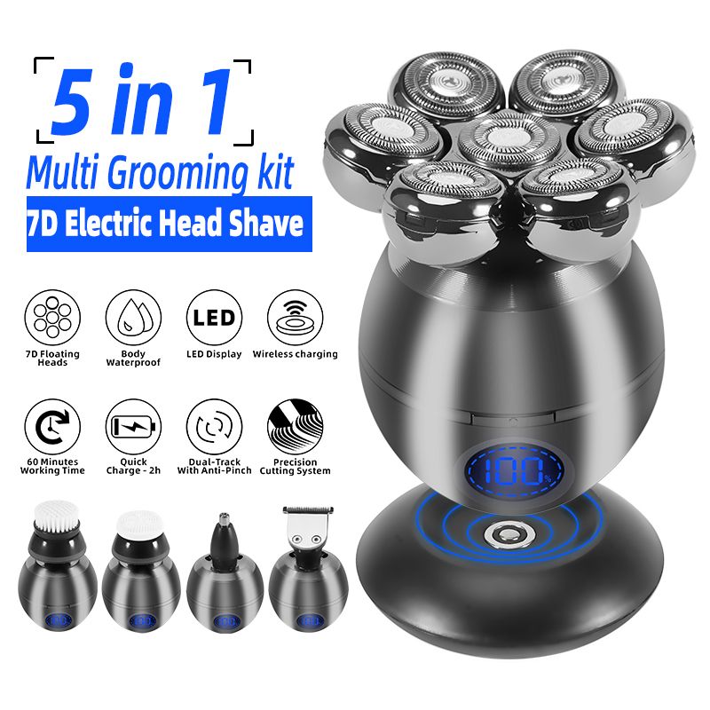 5-in-1-Elektro-Kopfrasierer für Männer mit Glatze, 7D-Schwimmschneider, Bartschneider, Haarschneidemaschine, IP68, wasserdicht, Rasieren, USB, kabelloses Aufladen_voghion.com