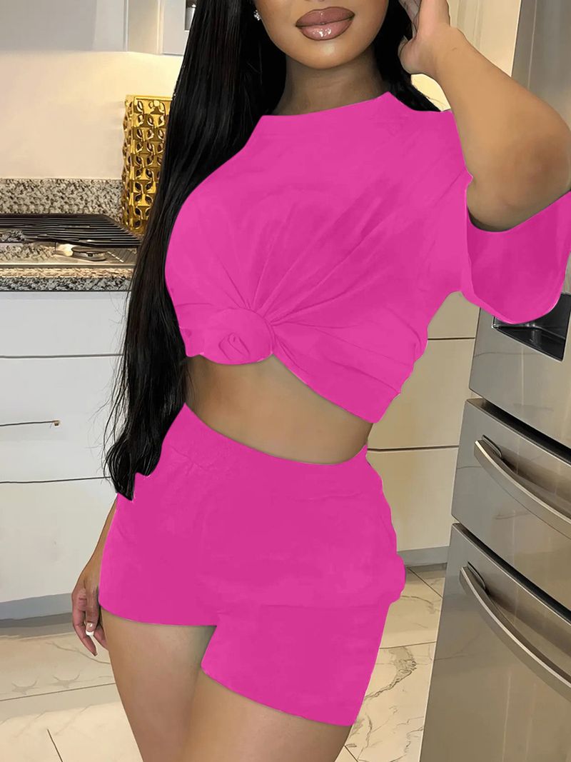 Basic Plus Size Summer Women's Suit Short Sleeve Top And Pants Casual Solid Color Sportswear Slim Two-piece Outfit_voghion.com