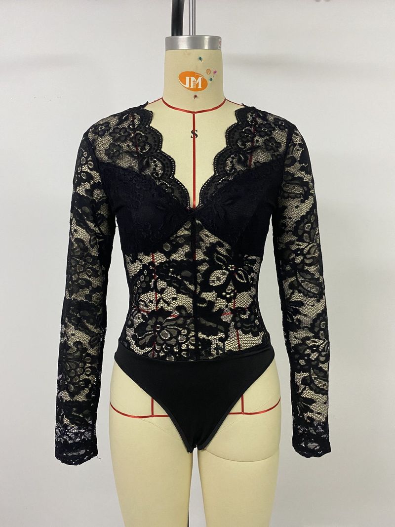 Sexy Elegant Lace Bodysuit With Long Sleeves_voghion.com