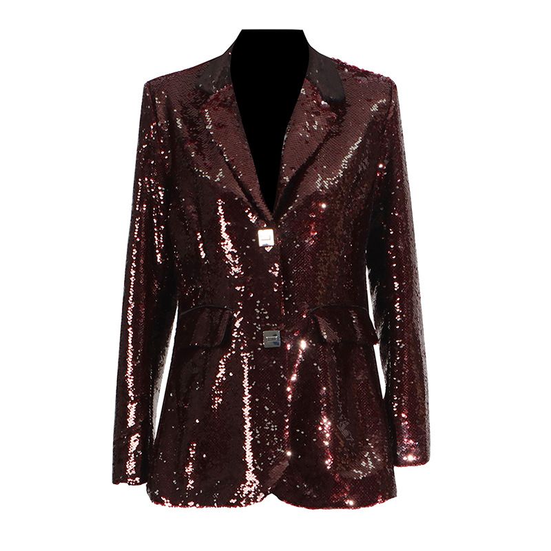 Abbigliamento da donna, design alla moda, piccolo abito con paillettes, elegante blazer con paillettes per donna - giacca da ufficio slim fit con scollo a V e design che stringe la vita_voghion.com