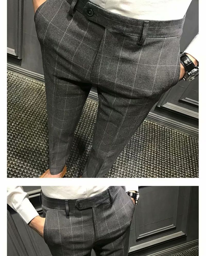 Herrenbekleidung Frühlingskarierte Freizeithose für Herren Slim Fit Skinny Hose Neun-Punkt-Hose Herrenhose Trendy Anzughose_voghion.com