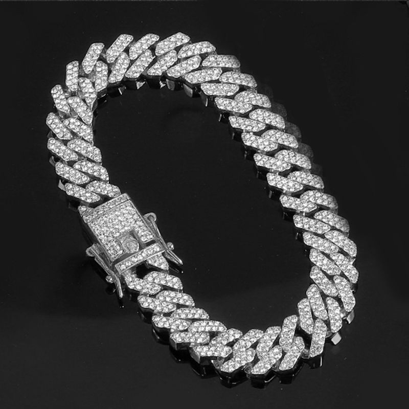 Bracciale a catena cubana con maglie cubane a griffe, stile hip hop, da uomo e da donna, con 2 file di strass, da 13 mm, ghiacciato, con pavé di Miami e rombi._voghion.com