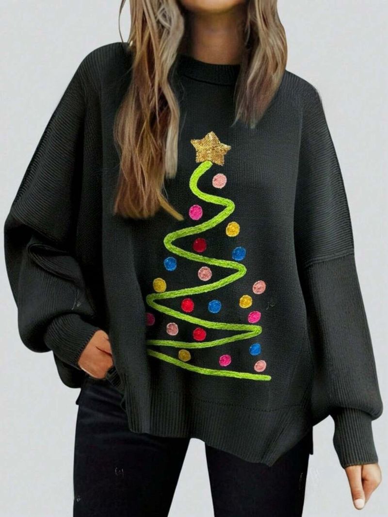 Gemütlicher Strickpullover mit Fledermausärmeln für Damen – weicher Acrylstoff, lockere Passform, seitliches Schlitzdesign, Rundhalsausschnitt, lange Ärmel, Weihnachts- und Herbstmode_voghion.com