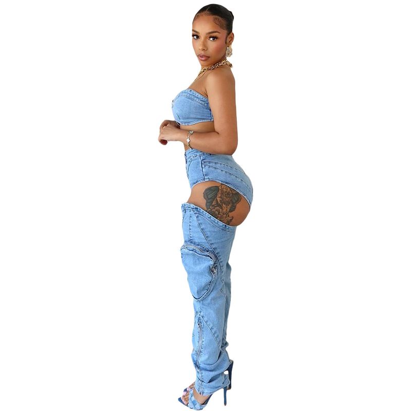Dammekleeder Sexy Broschtwéckel Récklos Top Perséinlechkeet Héich Taille Split Reißverschluss Jeans Zwee-Stéck Set_voghion.com