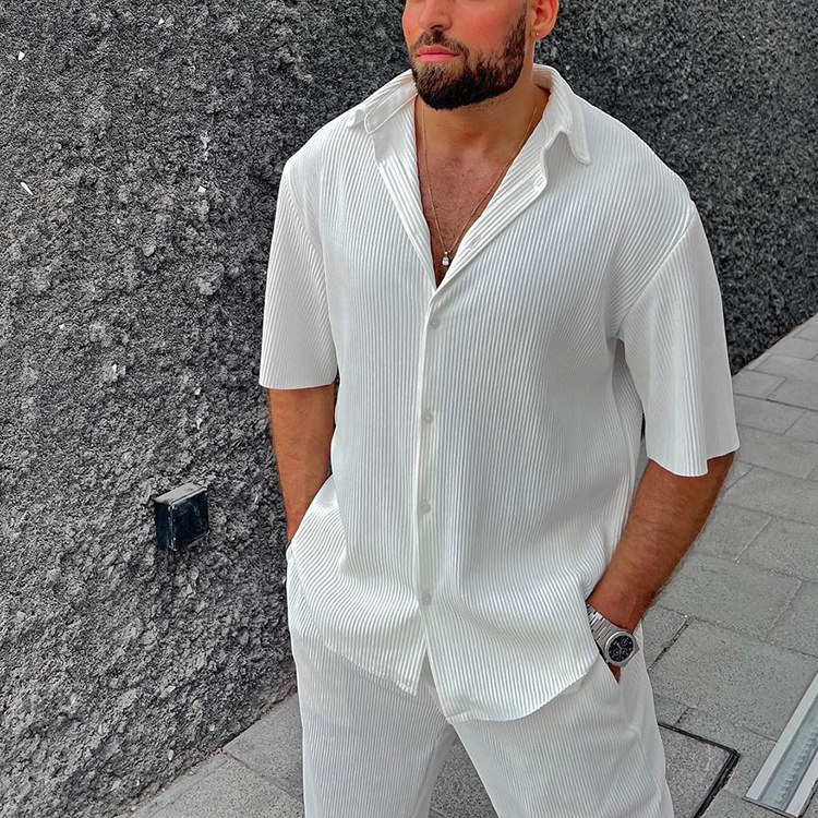 Men's casual loose fitting beach outfit, solid color striped short sleeved set, men's shirt two-piece set_voghion.com