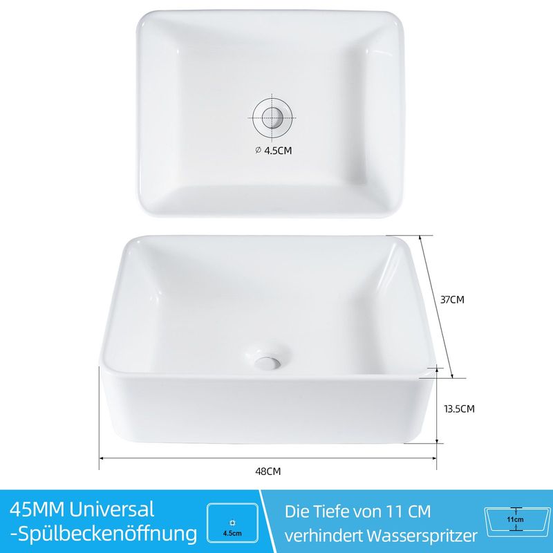 Glitzerlife Waschbecken Badezimmer Keramik - Weiß Eckig Aufsatzbecken Nano-Beschichtung Aufsatz Hängewaschbecken - Effekt 48x37x13,5cm Für Gäste-WC_voghion.com
