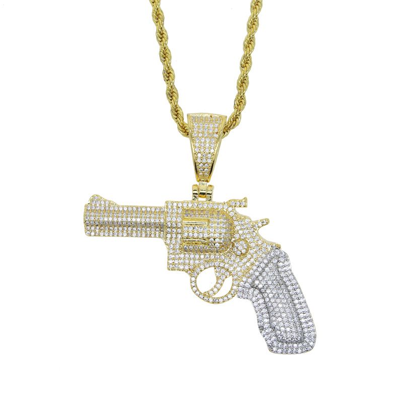Naujas hiphopo pakabukas su mini pistoletu, madingas vyriškas deimantinis kaklo papuošalas_voghion.com