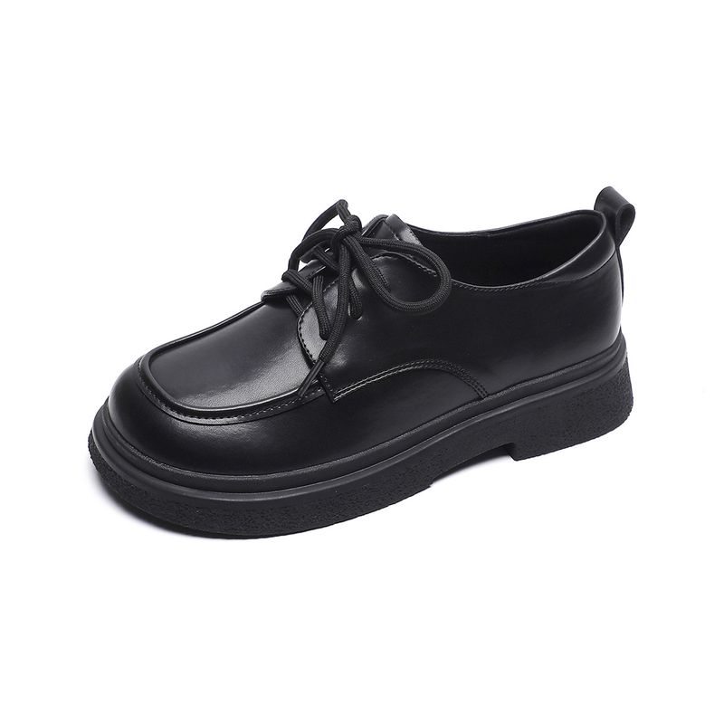 Schwarze, kleine Lederschuhe zum Schnüren, Plateau-Loafer im College-Stil für Damen, Retro-Einzelschuhe mit weicher Sohle_voghion.com