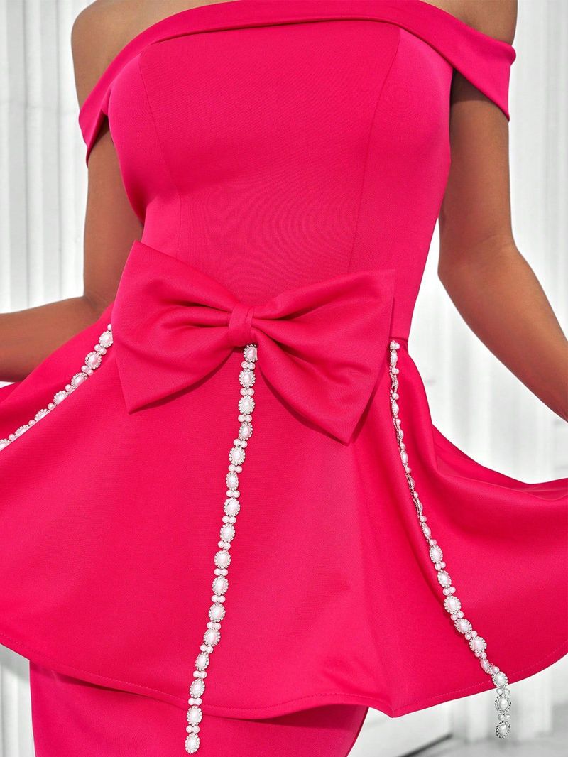 Robe de demoiselle d'honneur élégante, épaules dénudées, avec nœud, coupe ajustée et moulante, mélange polyester-élasthanne, rose_voghion.com