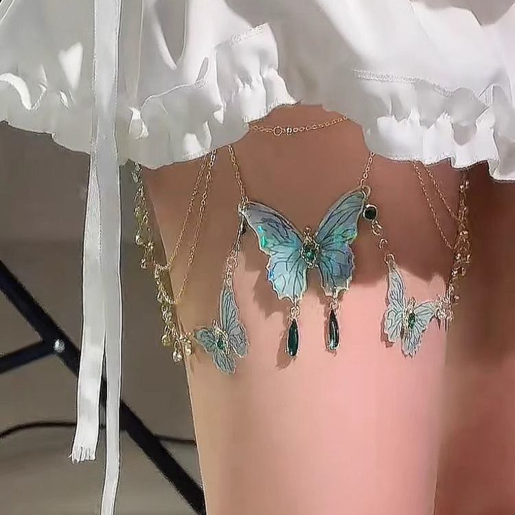 Teal Lace Butterfly Quaste Beinkette süß cool sexy Hottie Körperkette Beinring Zubehör weiblich_voghion.com