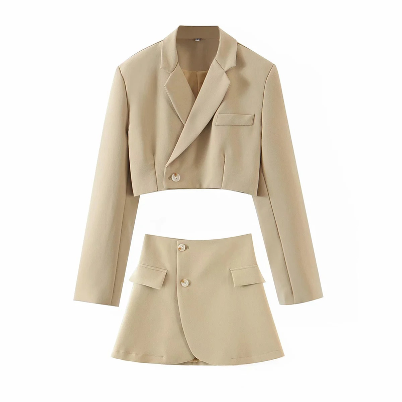 Dames 2021 Lente Nieuw Kort Pak Jasje Met Schuine Knopen + Hoge Taille Zak Rok_voghion.com