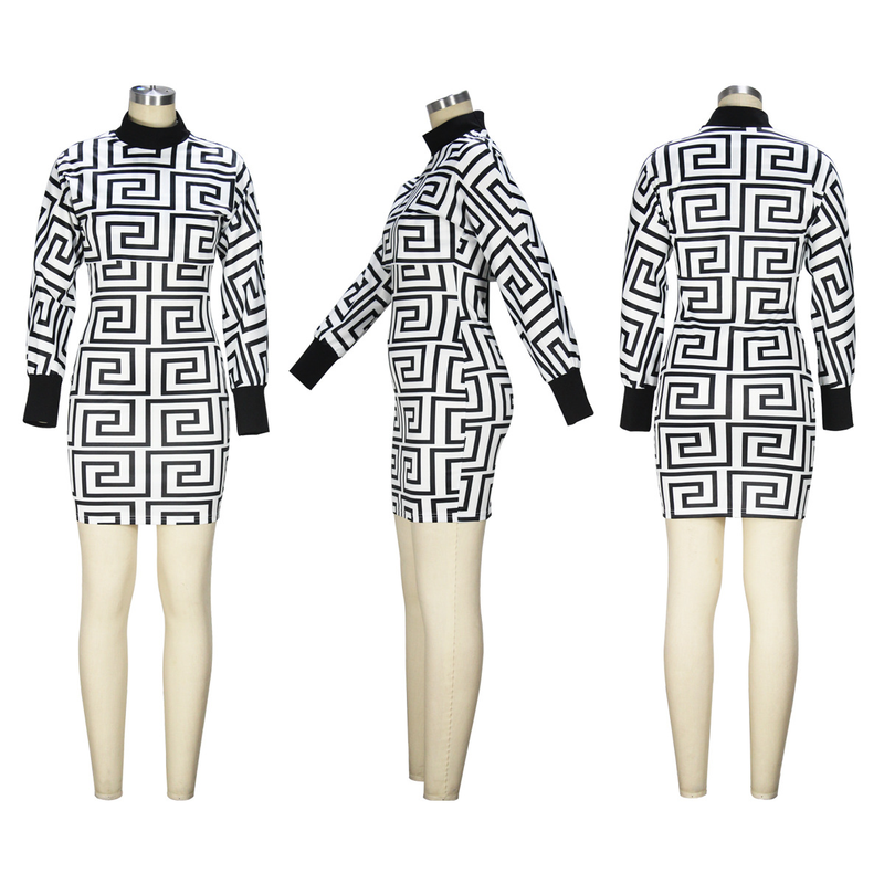 Damen Print Anzug Rock Ärmelloses Rollkragenkleid Jacke Zweiteiliges Set_voghion.com