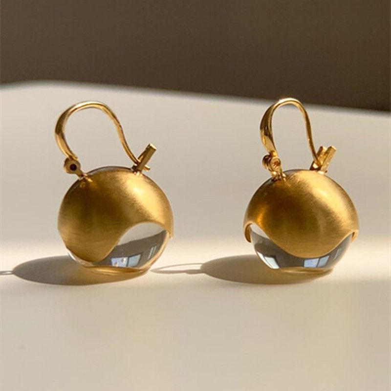 Orecchini da donna minimalisti con sfere in metallo e perline in acrilico trasparente, orecchini a cerchio in oro spazzolato, orecchini rotondi retrò per donna_voghion.com