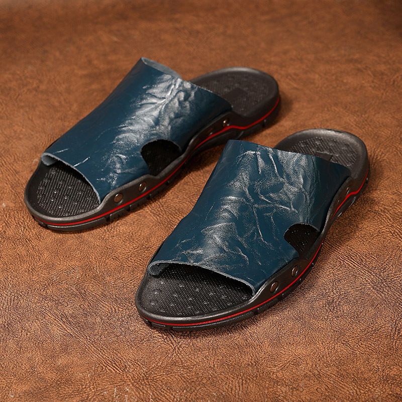 Pantofole da uomo in vera pelle di vacchetta, taglia 48, con un carattere, per casa e all'aperto, sandali con punta a vista, suola morbida casual_voghion.com