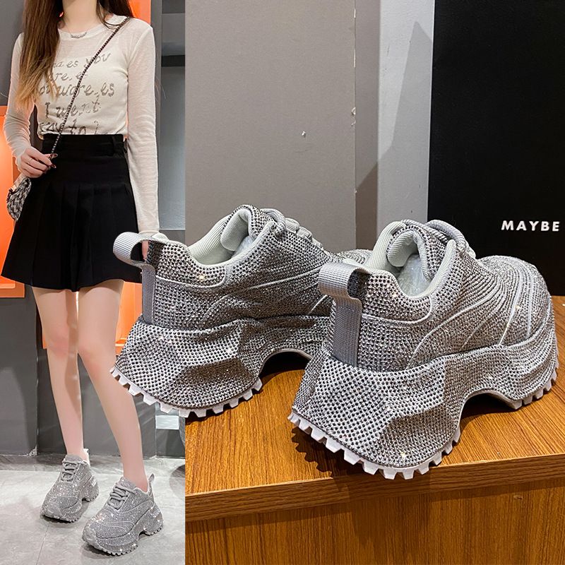Modische Damen-Sneaker mit Strasssteinen – klobige Plateauschuhe für mehr Körpergröße, atmungsaktives Obermaterial aus PU, lässige und trendige Low-Top-Schnürschuhe_voghion.com