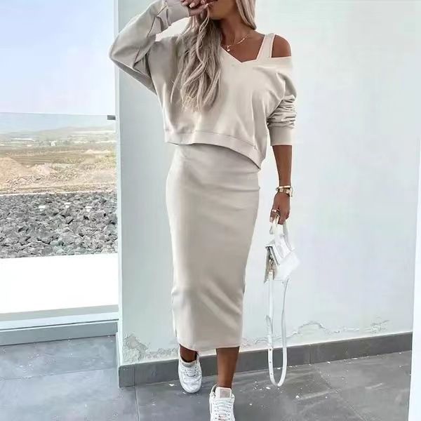 New Spring And Autumn Two-Piece Women's Vest Dress V-Neck Sweatshirt Knitwear Set_voghion.com