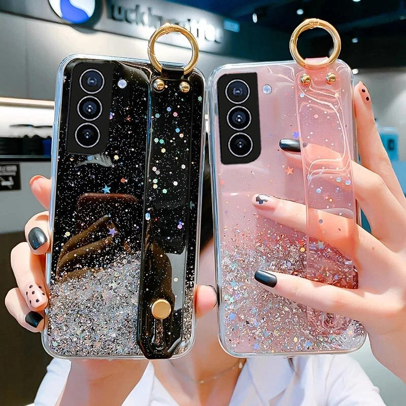 Bling Glitter Polsband Standhouder Case Voor Samsung S24 Ultra S23 S22 Plus S21 S20 FE A14 A54 a53 A23 A52 Soft Clear_voghion.com