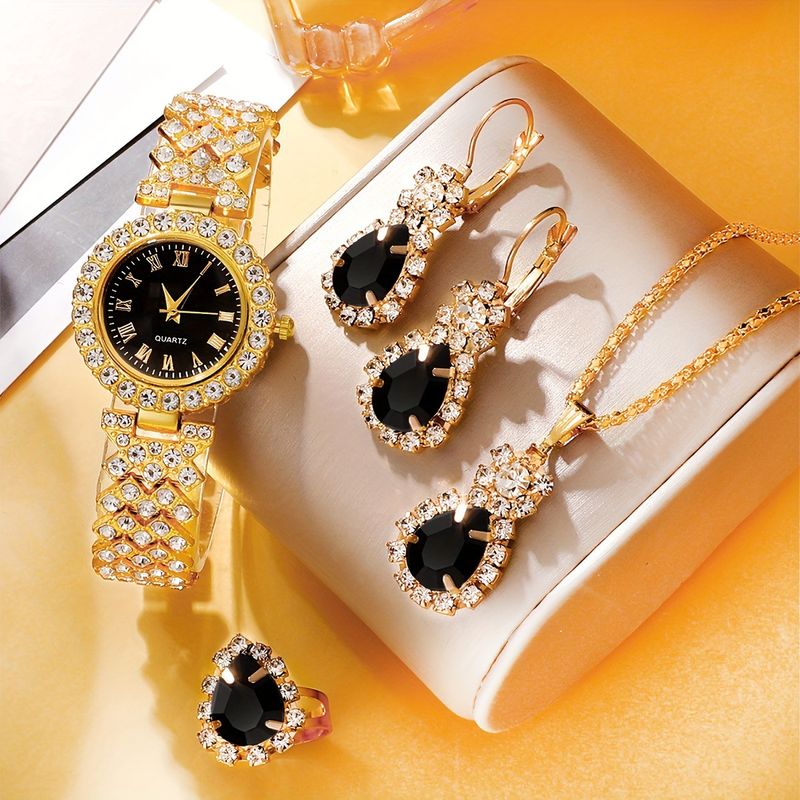 Mode und Schmuck mit vier Teilen: Diamantbesetztes Quarzuhr-Set mit römischen Ziffern, heißes Verkaufsset_voghion.com