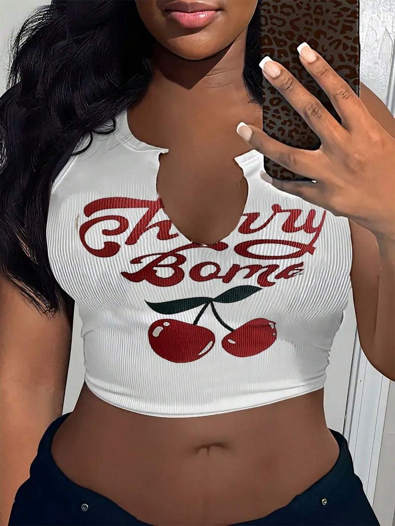 Ženska oblačila Moda Seksi črkovni potisk U izrez brezrokavnik Top_voghion.com