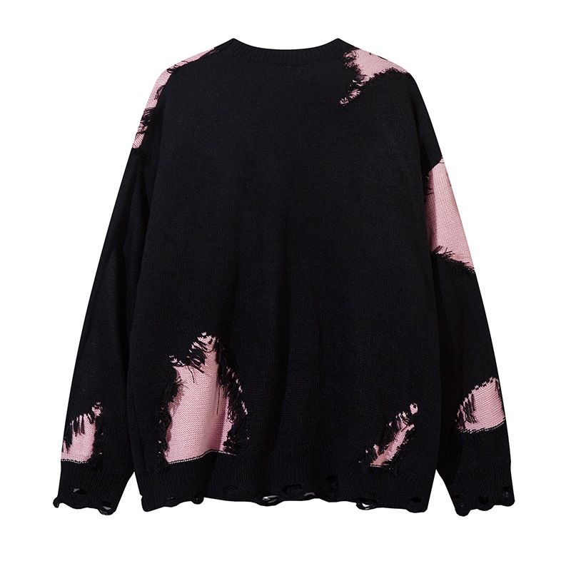 Suéter holgado unisex de estilo americano chic, en blanco y negro, con diseño calado y bloques de color, para otoño e invierno._voghion.com