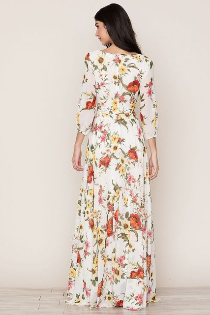 Damenbekleidung Langes Chiffonkleid mit Boho-Print, Rundhalsausschnitt und mittellanger Taille_voghion.com