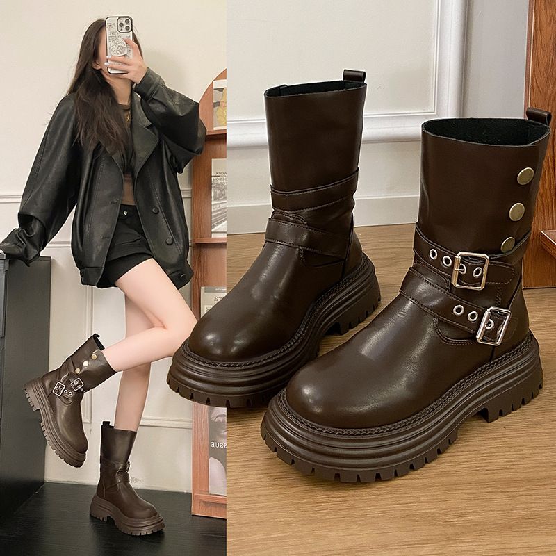 Plateau-Melad-Kurzstiefel für Damen, Herbst/Winter 2025, neuer britischer Stil, braun, mit klobigem Absatz, zweiseitiger Martin-Stiefel_voghion.com