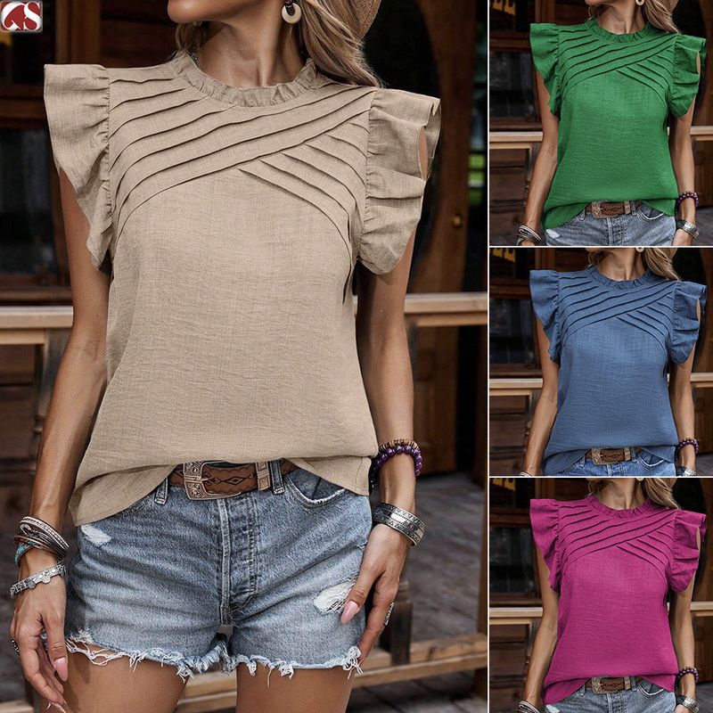 Maglietta da donna primaverile ed estiva, nuova maglia a pieghe con maniche a foglia di loto, pullover a maniche corte da donna_voghion.com